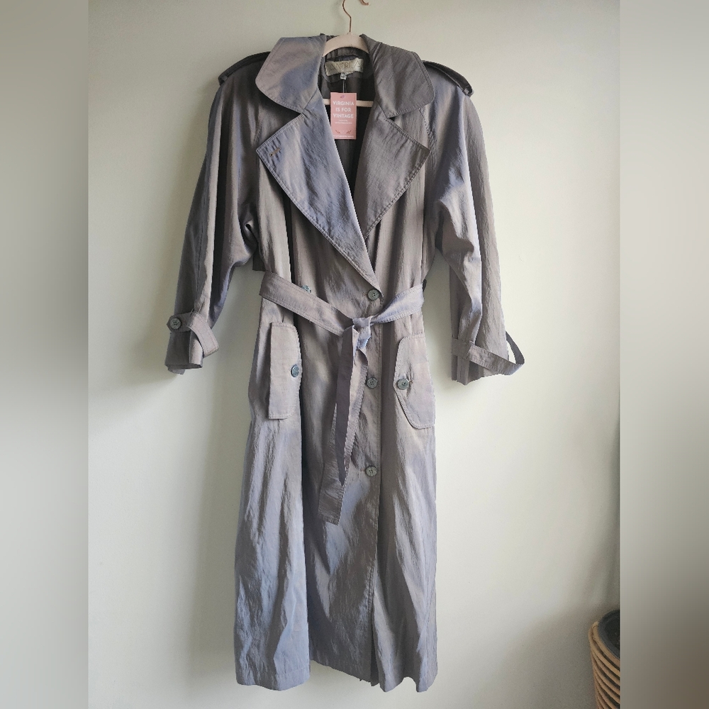 Rare Vintage 90s Iridescent Purple Gray Trench Coat By Andrea 14 L